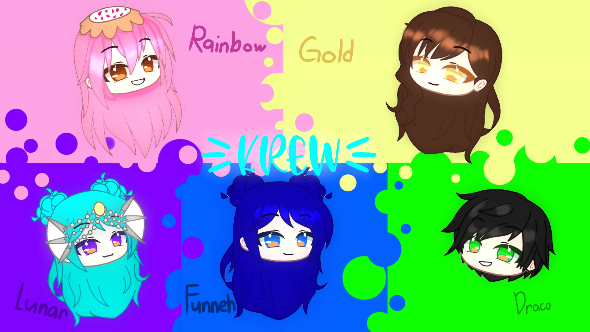 The Krew, chibi anime characters, distinct hair colors, Full HD Desktop Wallpaper