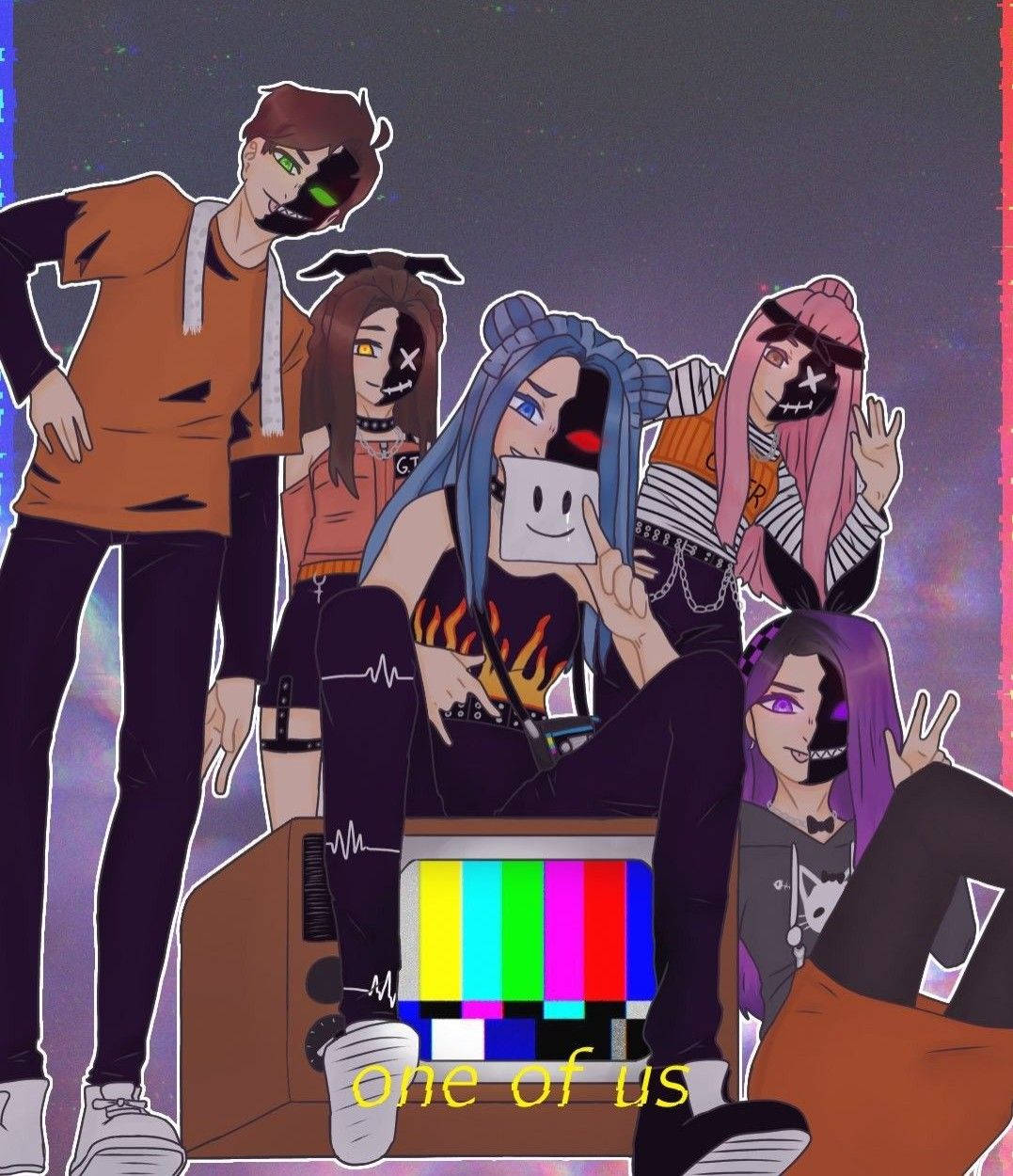 The Krew, anime-style characters, half-faces replaced by TV test patterns, SD Phone Wallpaper