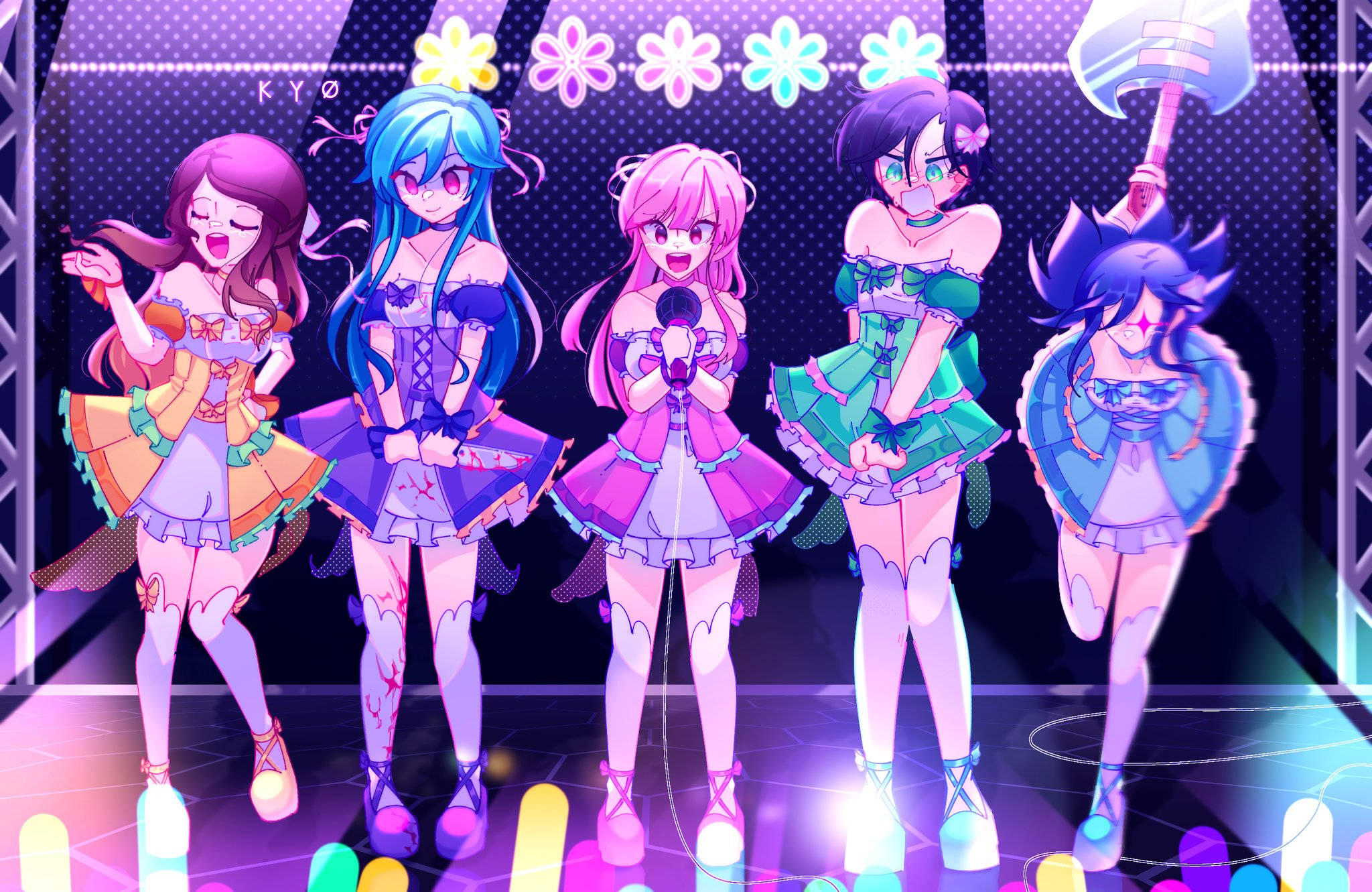 The Krew Anime, anime girls, colorful stage outfits, Full HD Desktop Wallpaper
