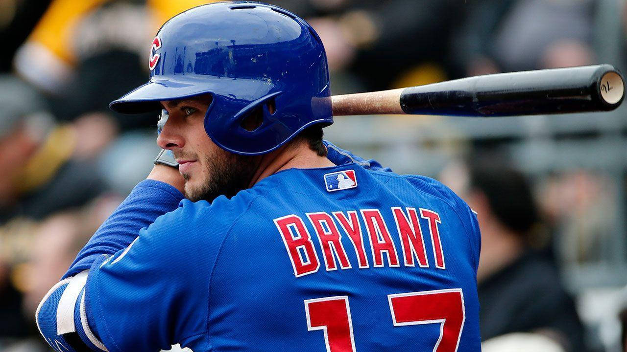 Kris Bryant, blue Chicago Cubs uniform, bat over shoulder, HD Desktop Wallpaper