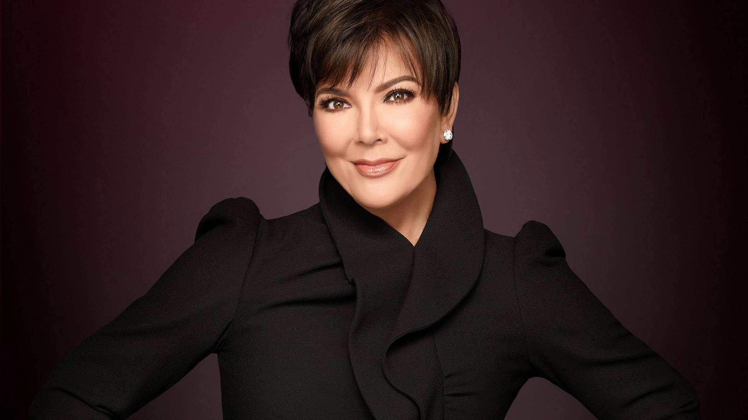 Kris Jenner, black ruffled coat, deep purple studio backdrop, Full HD Desktop Wallpaper