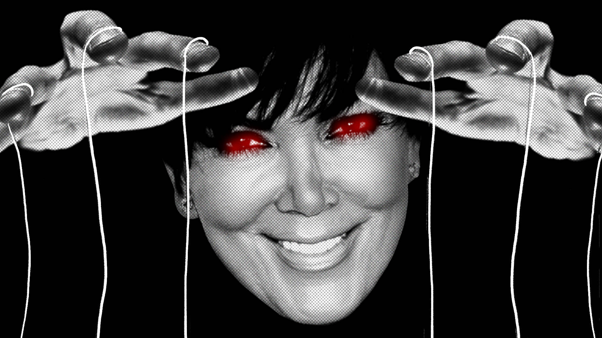 Kris Jenner, glowing red eyes, puppet strings, Full HD Desktop Wallpaper