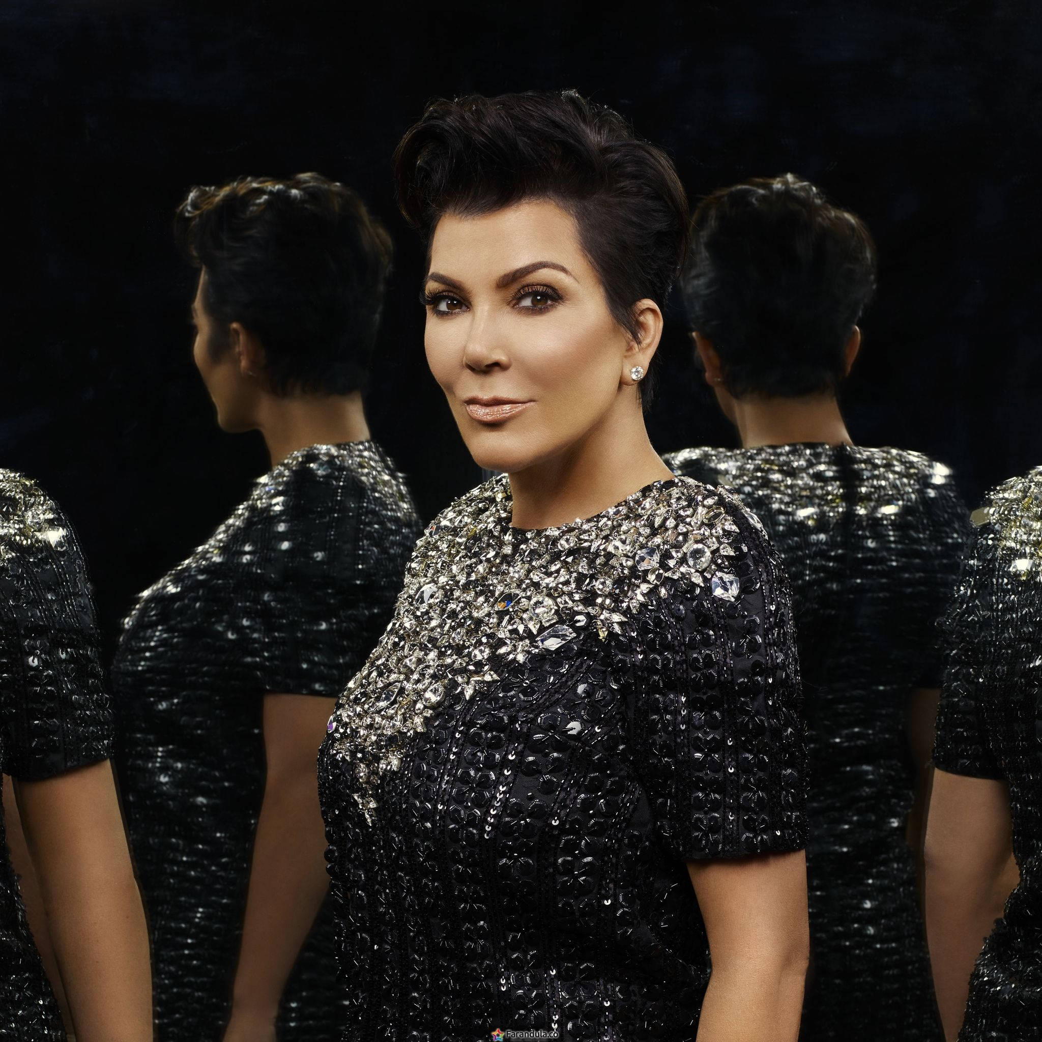 Kris Jenner, sparkling black dress, mirrored reflections, Full HD Desktop Wallpaper