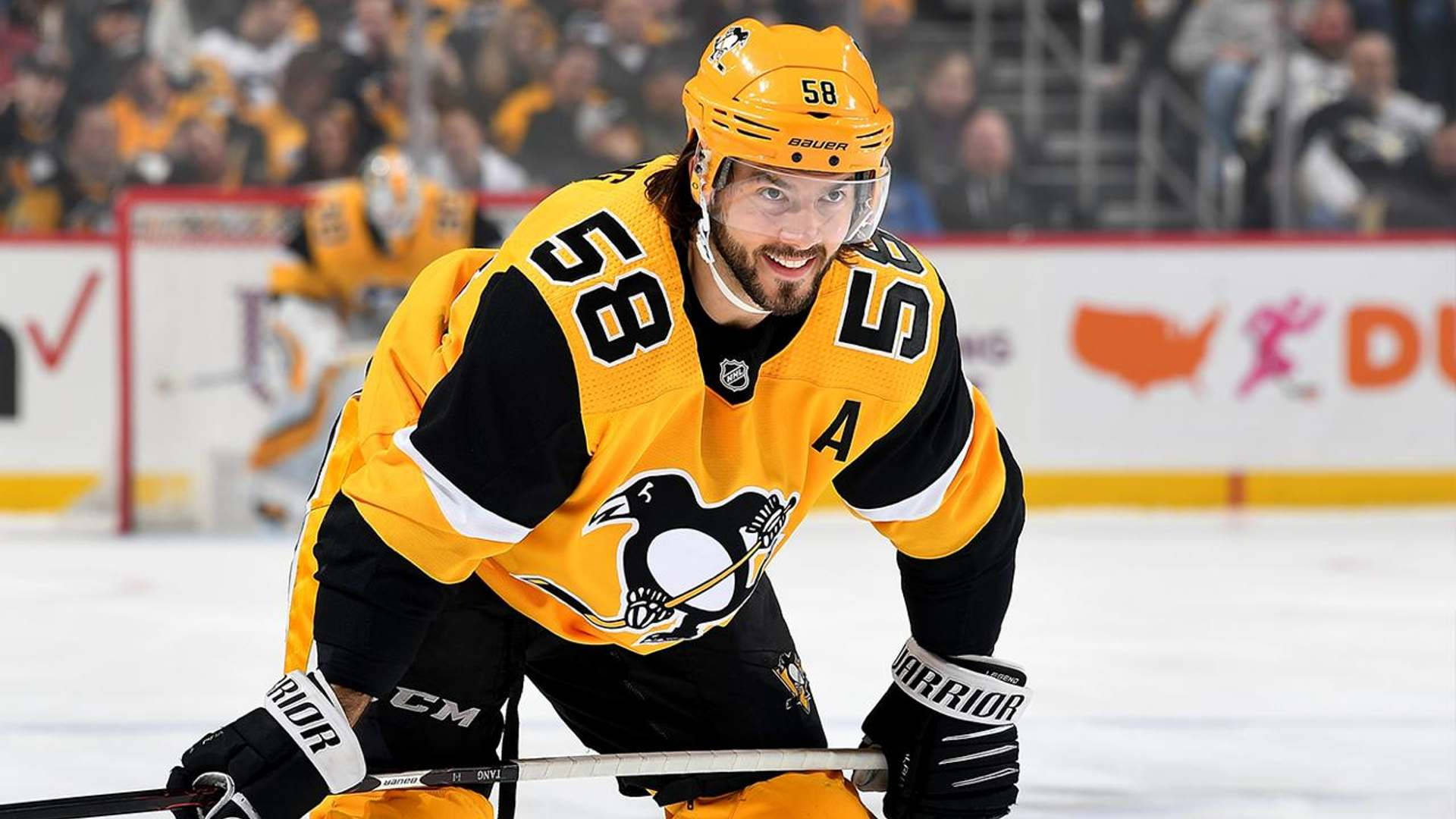 Kris Letang, yellow and black uniform, ice, Full HD Desktop Wallpaper
