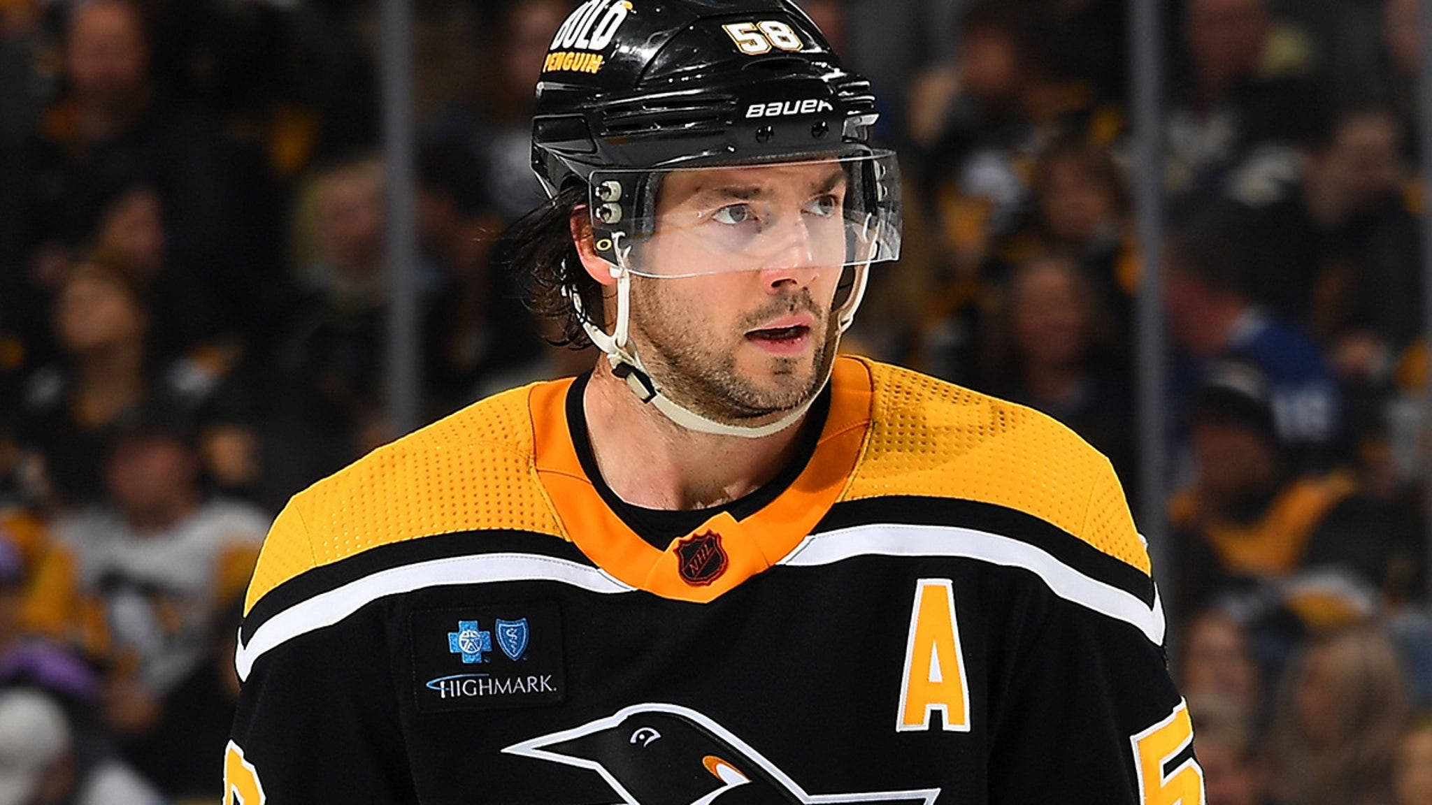 Kris Letang, black and gold uniform, number 58, Full HD Desktop Wallpaper