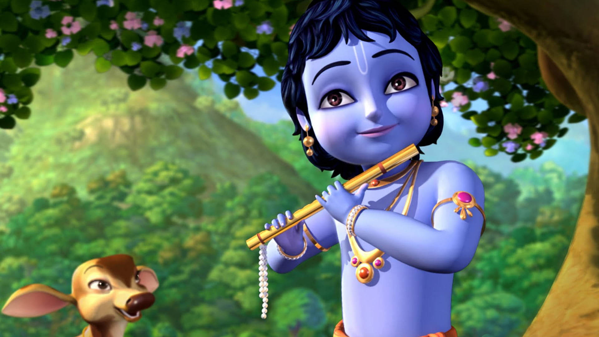 Krishna 3d, blue-skinned animated boy, flute, Full HD Desktop Wallpaper