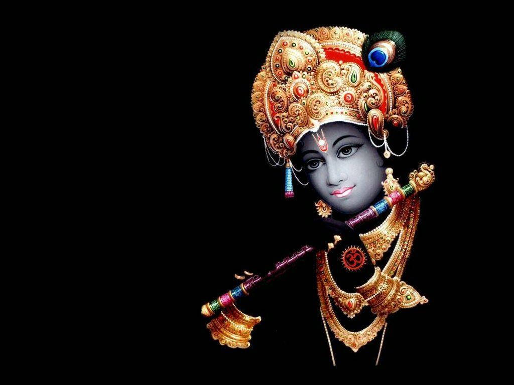 Krishna 3d, gold hat, black background, SD Desktop Wallpaper