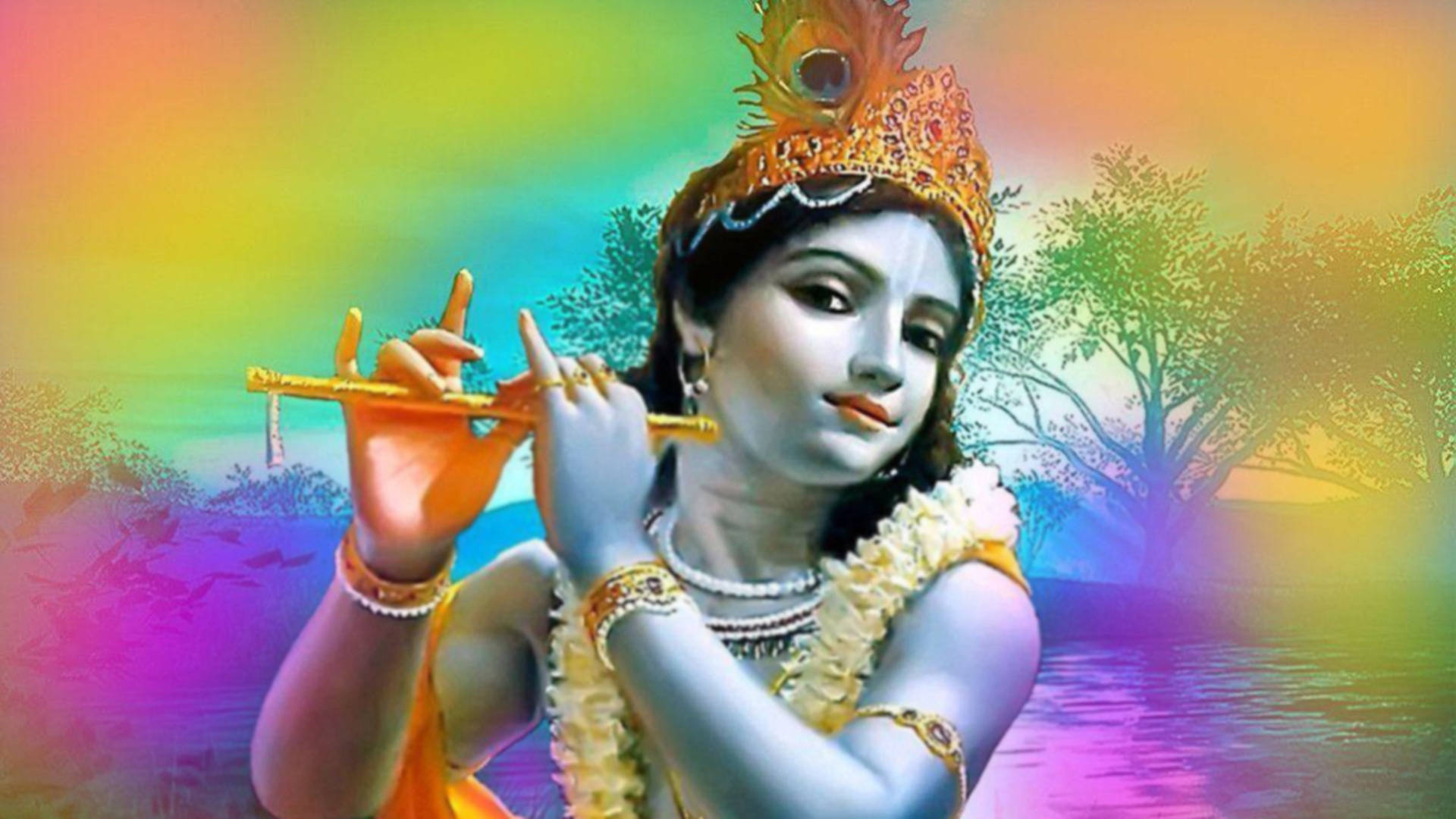 Krishna, blue skin, golden flute, Full HD Desktop Wallpaper