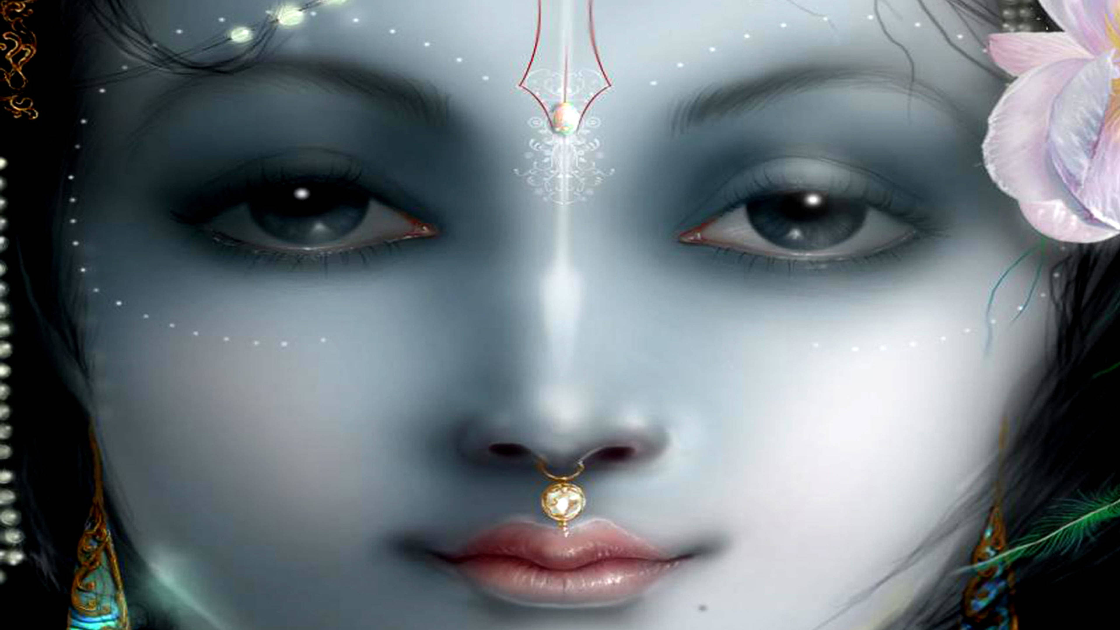 Krishna 4K, glowing eyes, celestial adornments, 4K Desktop Wallpaper