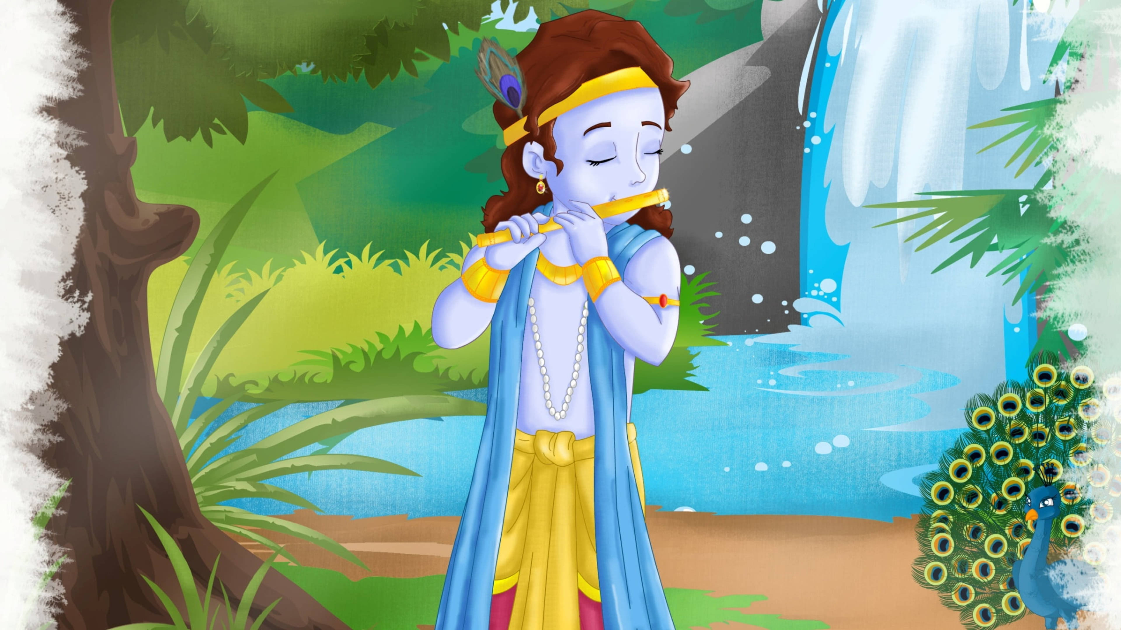 flute playing little krishna, blue-skinned deity, waterfall, 4K Desktop Wallpaper