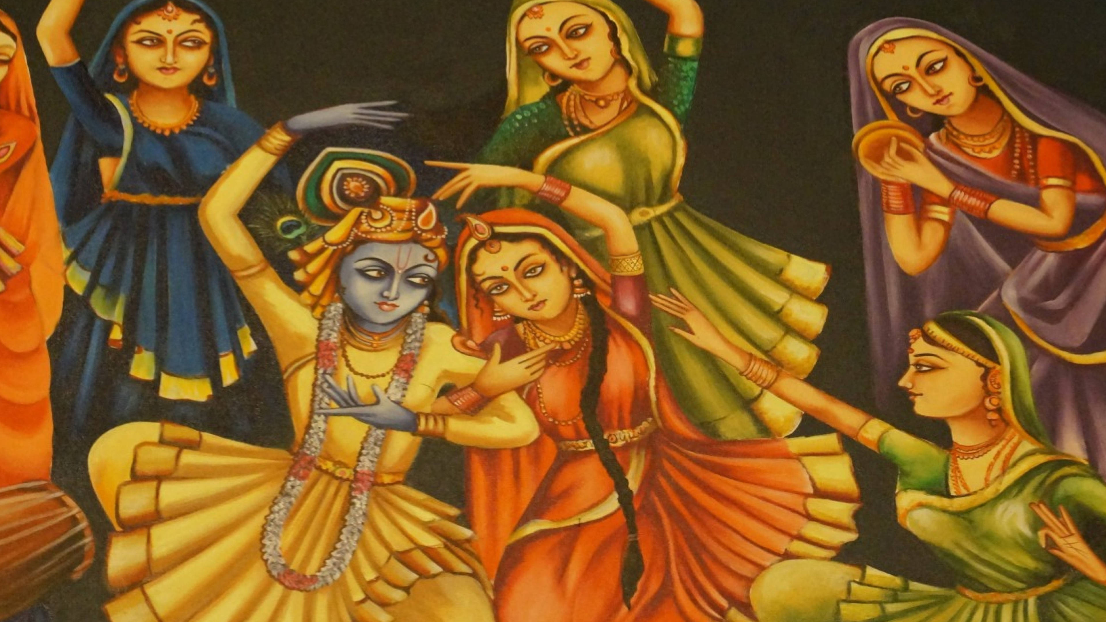 Krishna, blue-skinned deity, traditional Indian painting, 4K Desktop Wallpaper