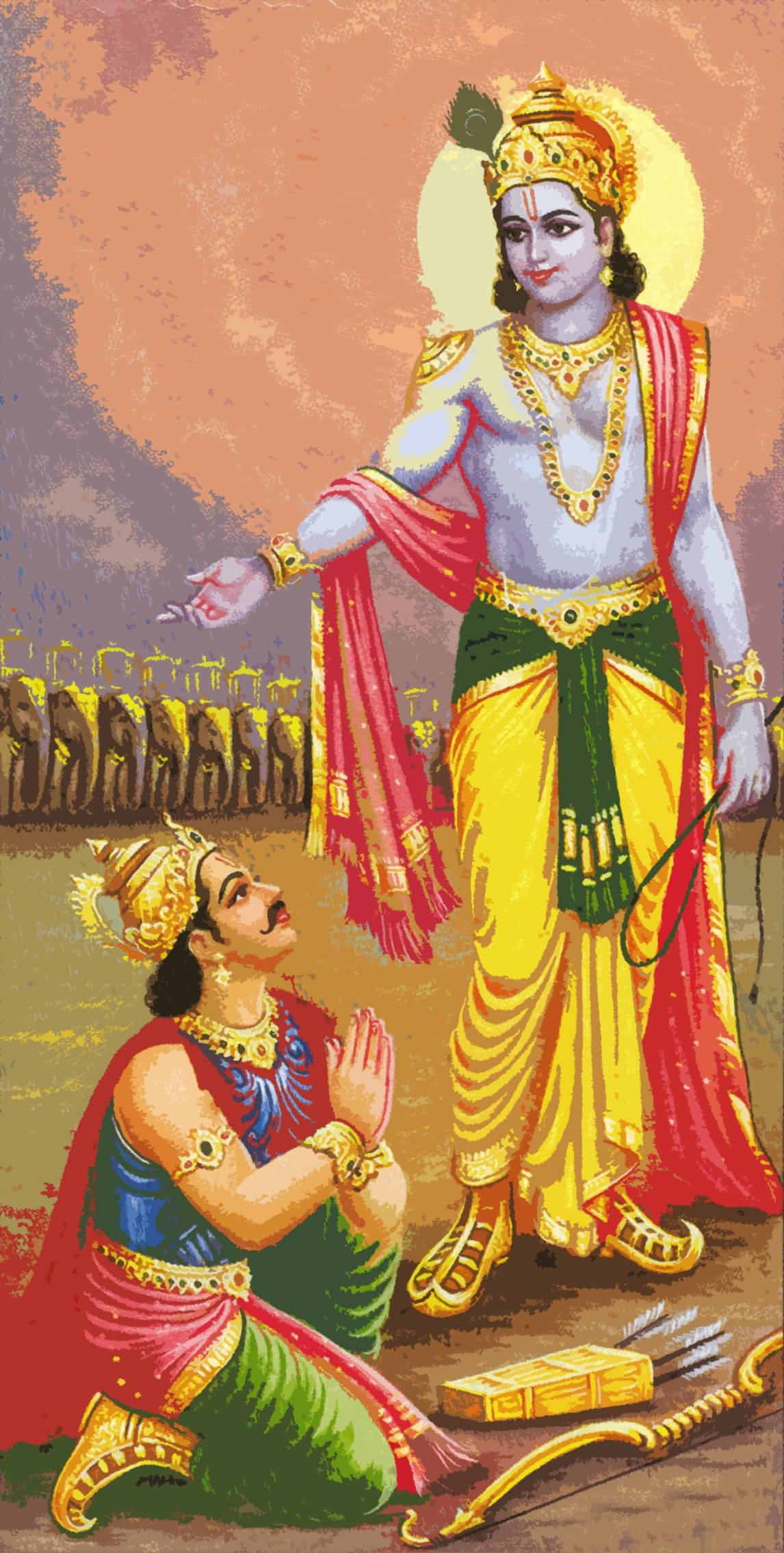 Krishna Arjun, golden crown, yellow robes, Full HD Phone Wallpaper