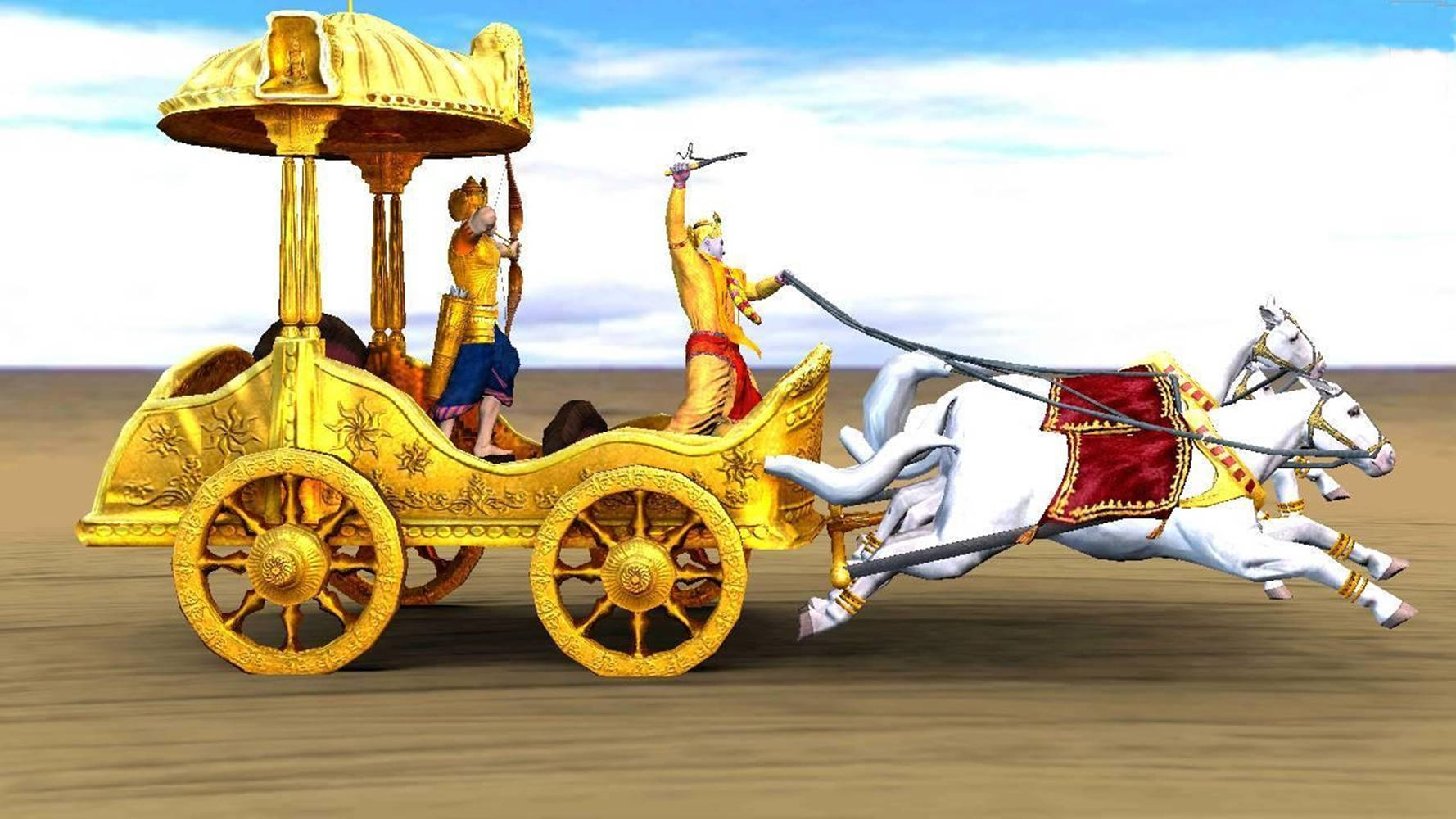 Krishna Arjun, gold chariot, white horses, HD Desktop Wallpaper