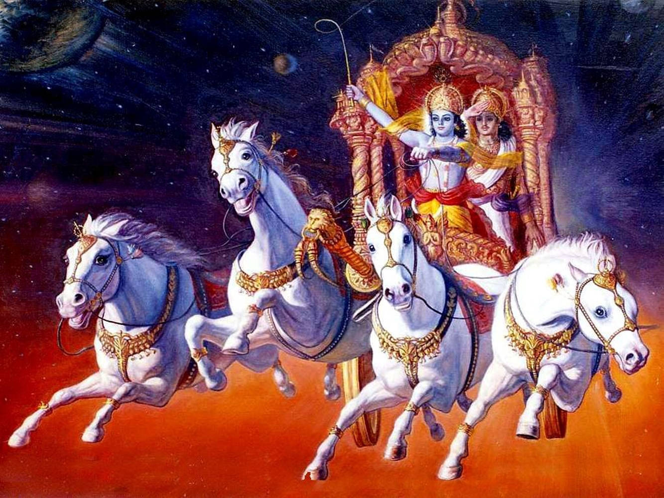 Krishna Arjun, chariot of victory, four white horses, HD Desktop Wallpaper