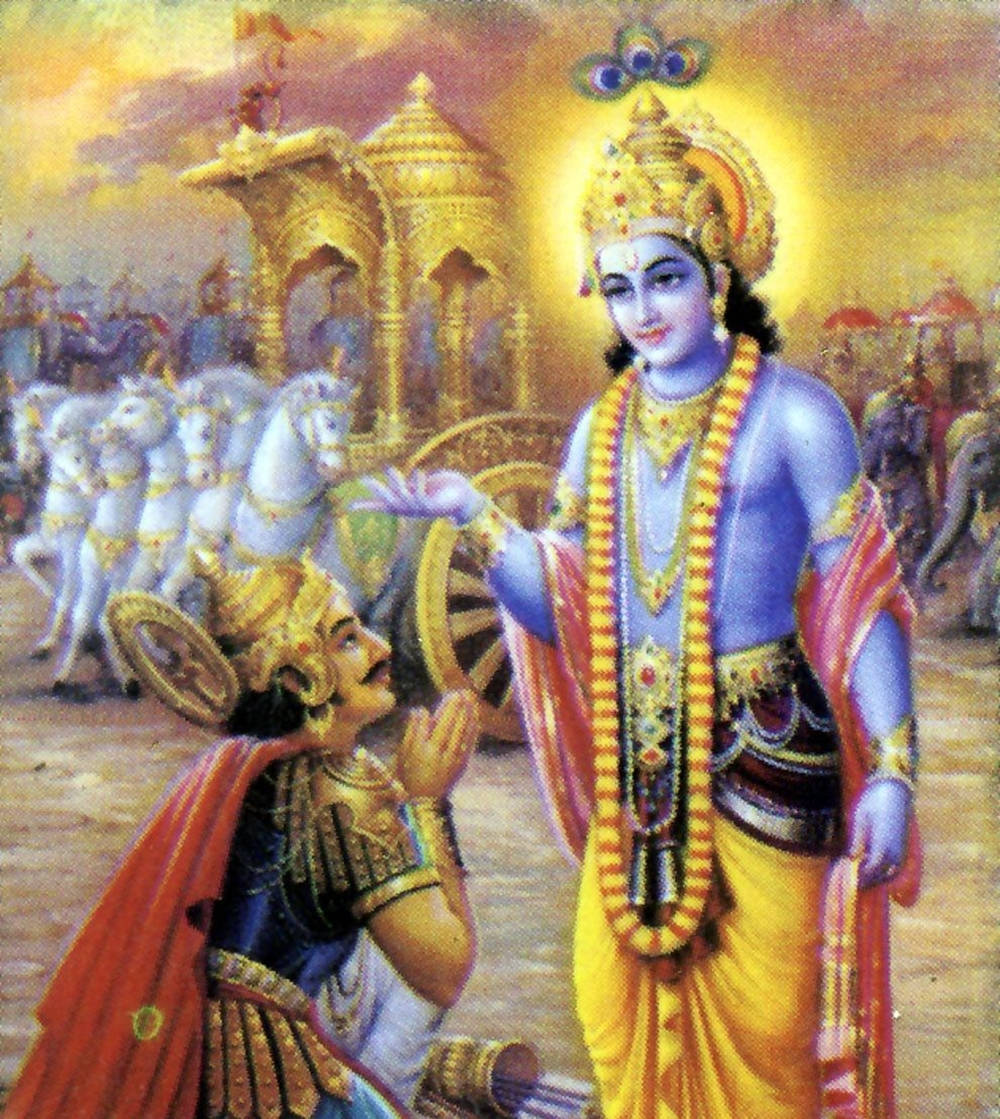 Krishna Arjun, blue-skinned figure, golden regalia, SD Phone Wallpaper