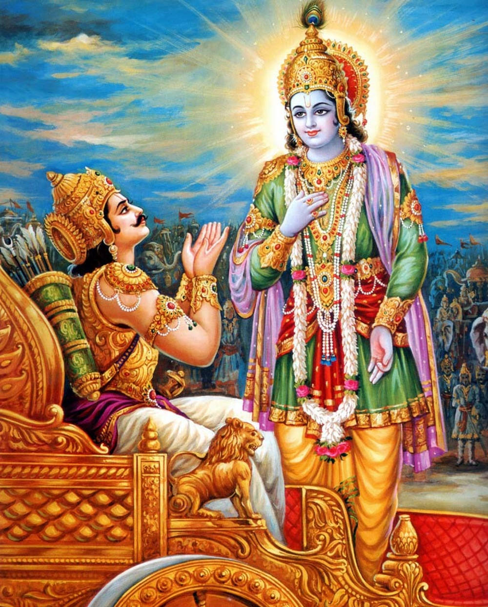 Krishna Arjun, green and gold attire, halo, SD Phone Wallpaper