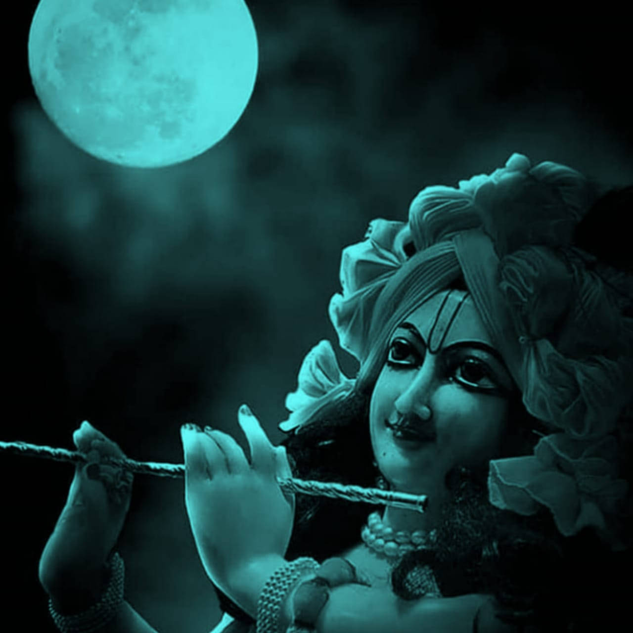 Krishna Bhagwan, flute, glowing teal moon, HD Desktop Wallpaper