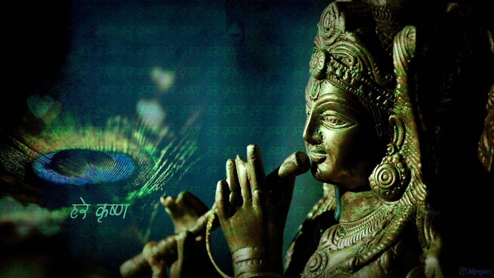 Krishna Bhagwan, gold statue, green lighting, HD Desktop Wallpaper