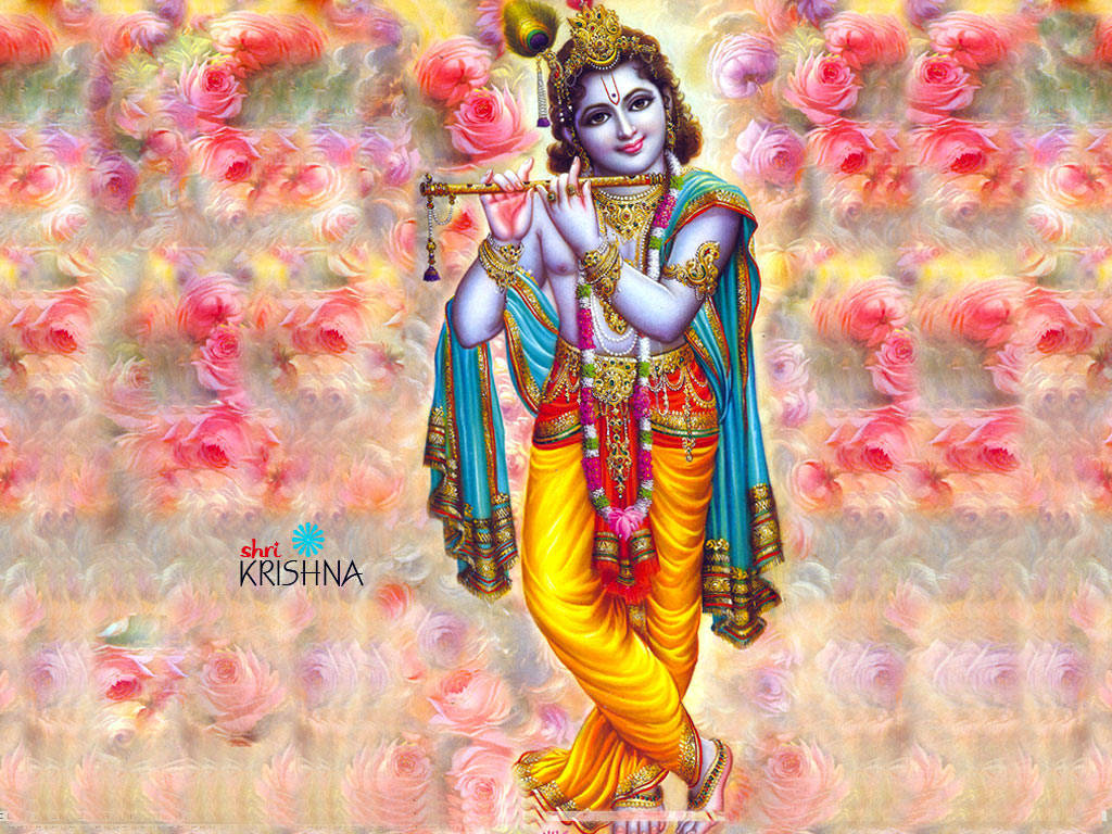 Krishna Bhagwan, vibrant yellow and blue robes, flute, SD Desktop Wallpaper