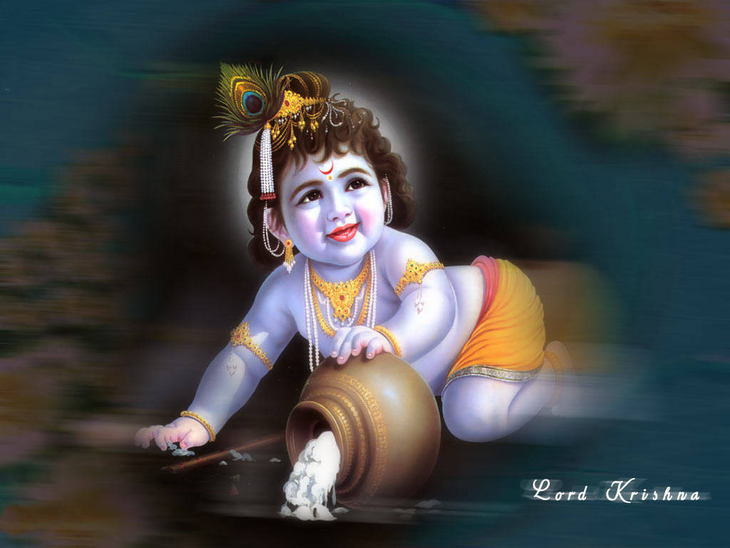 Krishna Bhagwan, peacock feather crown, golden pot, SD Desktop Wallpaper