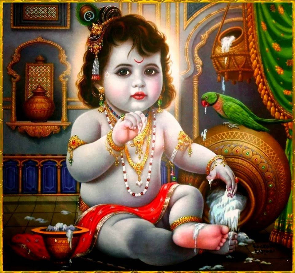 Krishna Bhagwan, gold jewelry, red cloth, SD Desktop Wallpaper