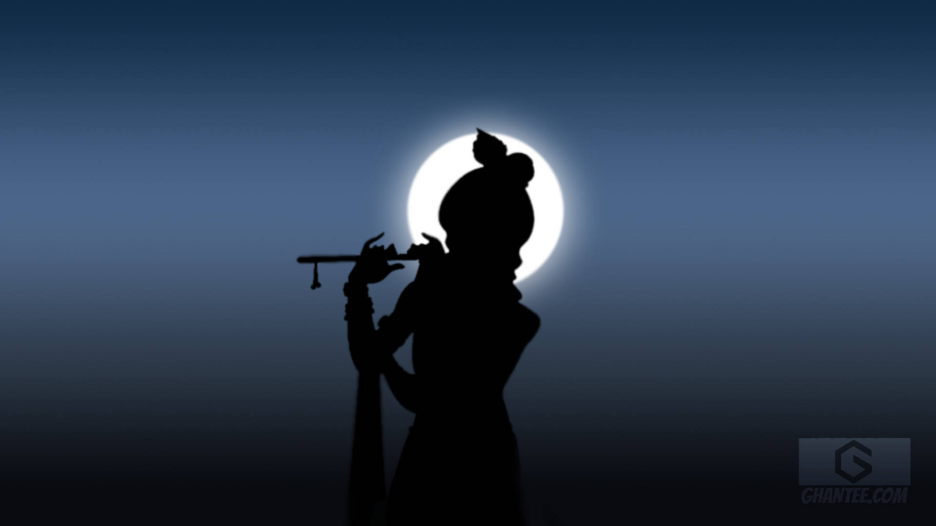 Krishna Desktop, flute player, glowing full moon, Full HD Desktop Wallpaper