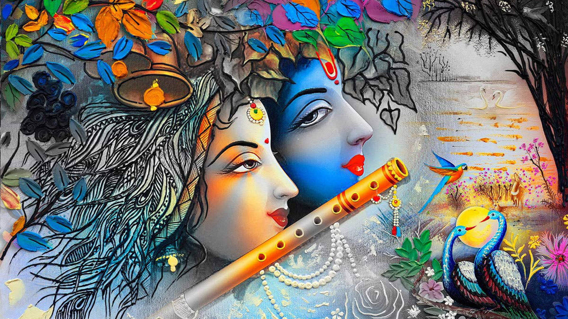 Krishna, flute, peacocks, Full HD Desktop Wallpaper