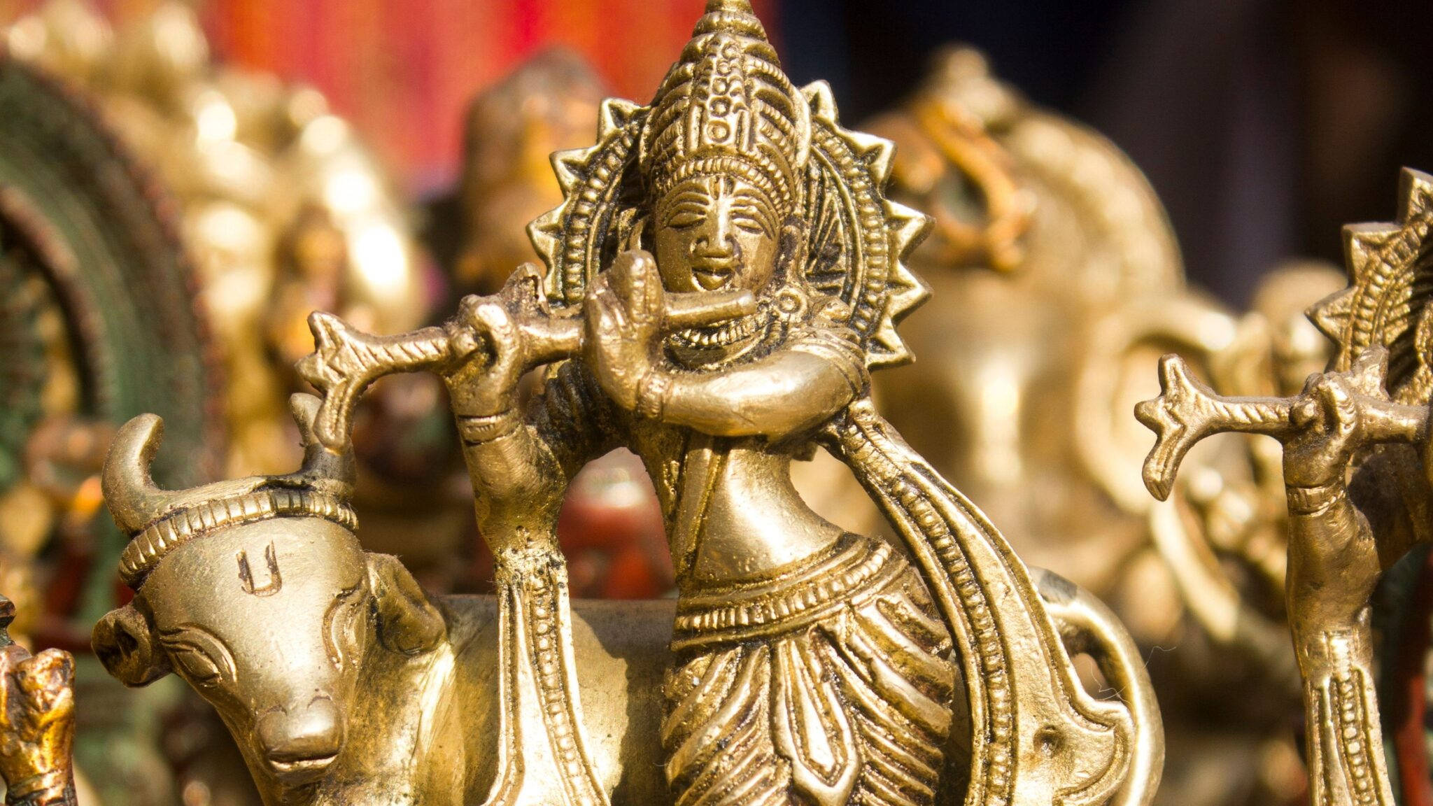 Krishna, gold figurine, flute, Full HD Desktop Wallpaper