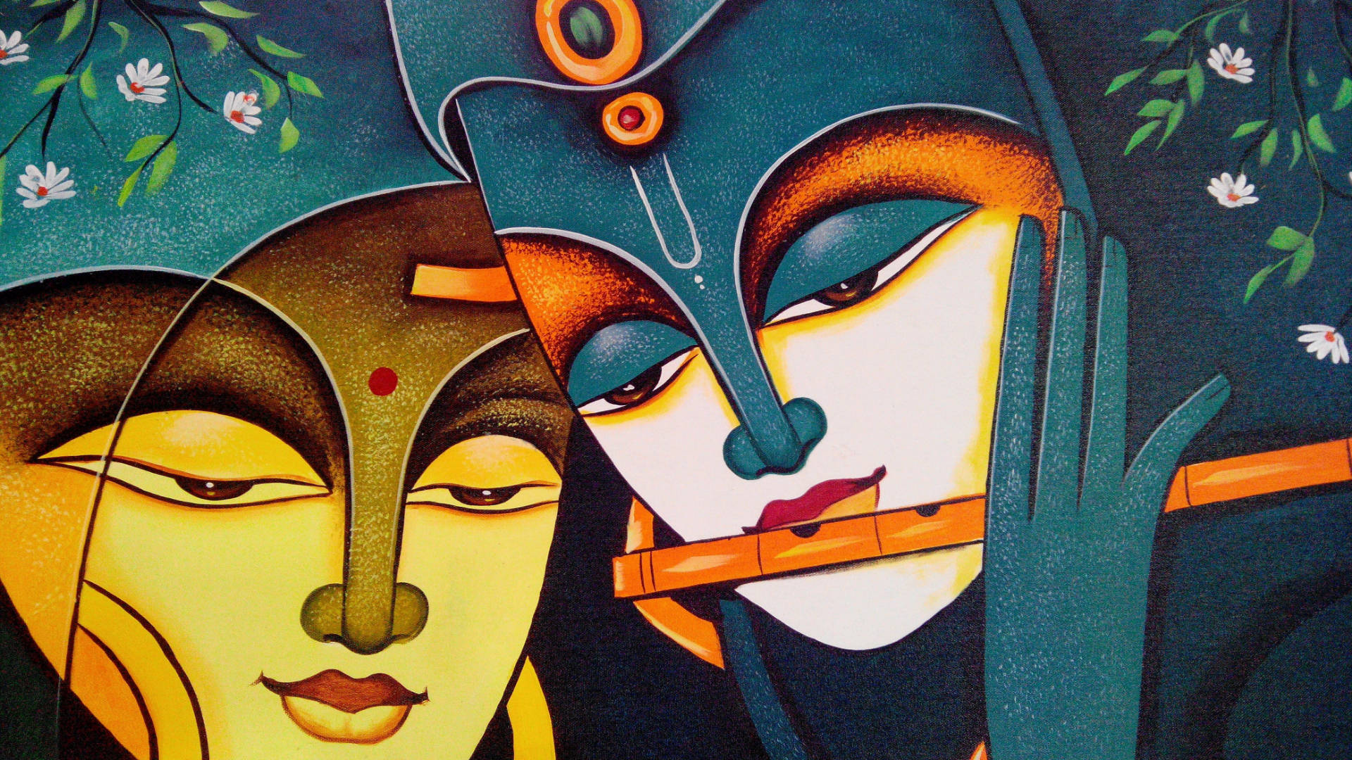 Krishna, flute, flowers, Full HD Desktop Wallpaper