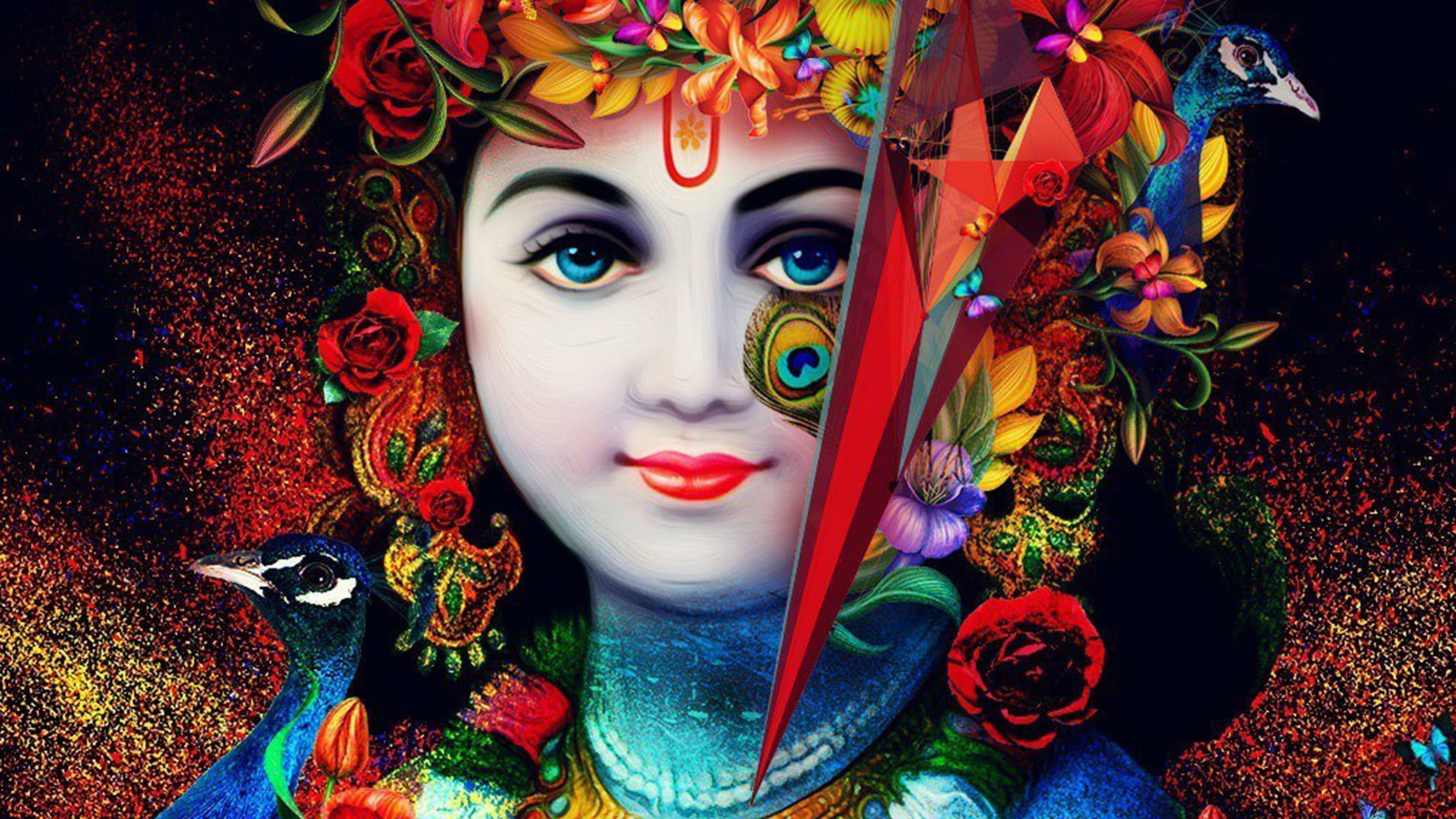 Krishna, peacocks, flowers, 4K Desktop Wallpaper