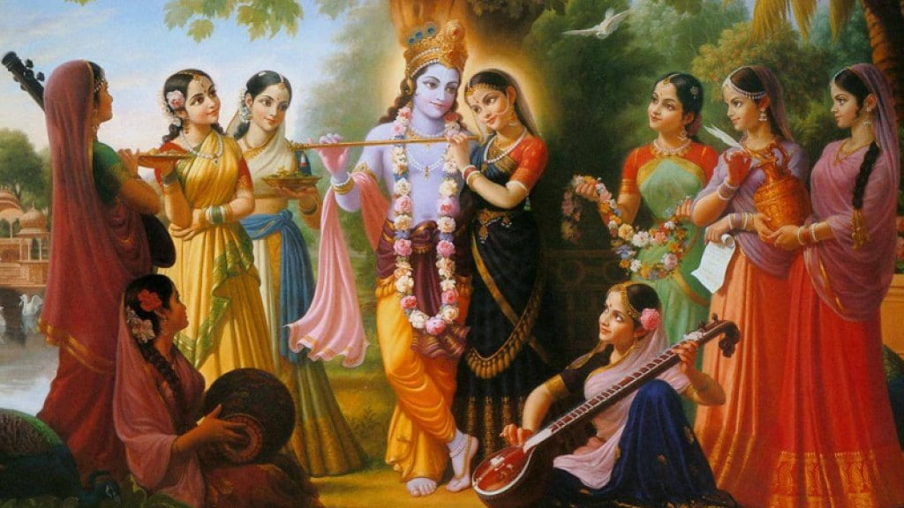 Krishna, flute, graceful women, 4K Desktop Wallpaper