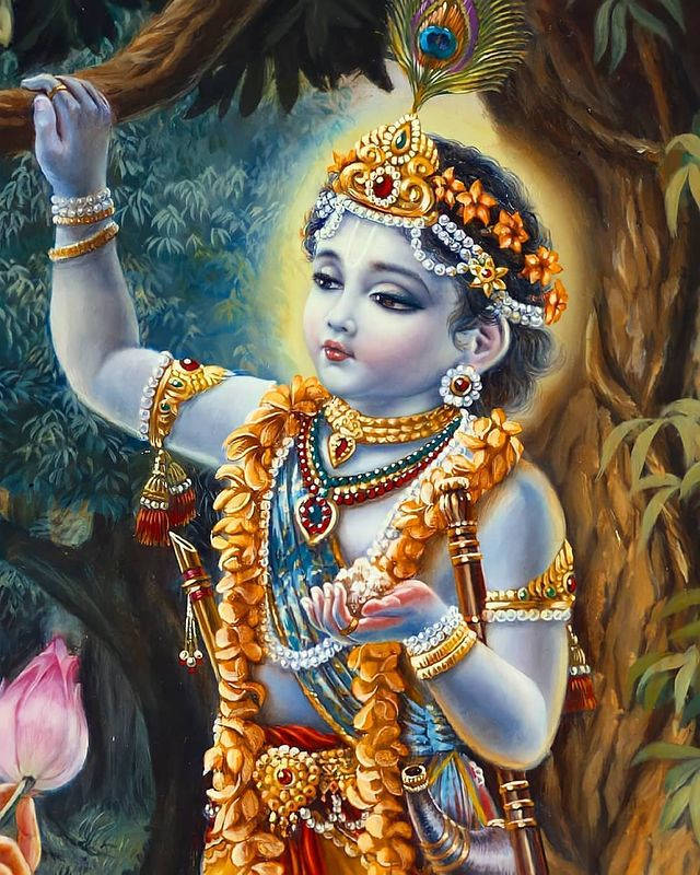 Krishna HD, golden jewelry, floral garlands, SD Phone Wallpaper