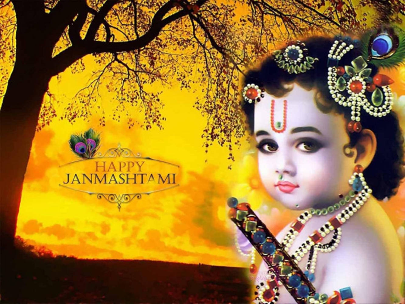 Krishna Janmashtami, golden sunset, tree silhouette, HD Desktop Wallpaper