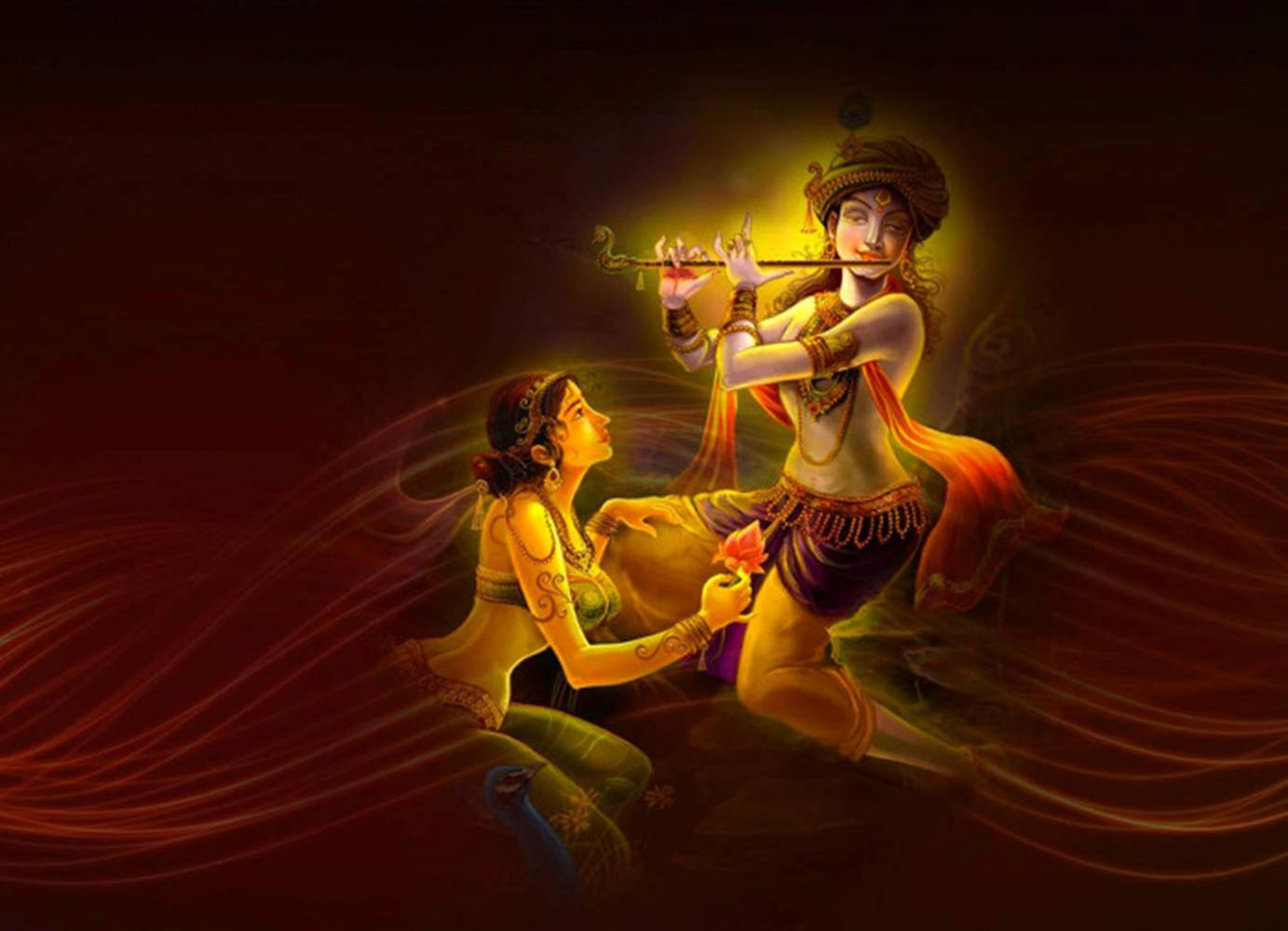 Krishna Janmashtami, woman playing the flute, mystical golden glow, HD Desktop Wallpaper
