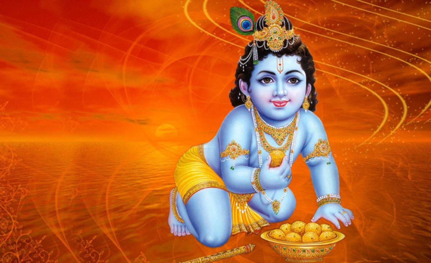 Krishna Janmashtami, blue-skinned divine child, gold jewelry, HD Desktop Wallpaper