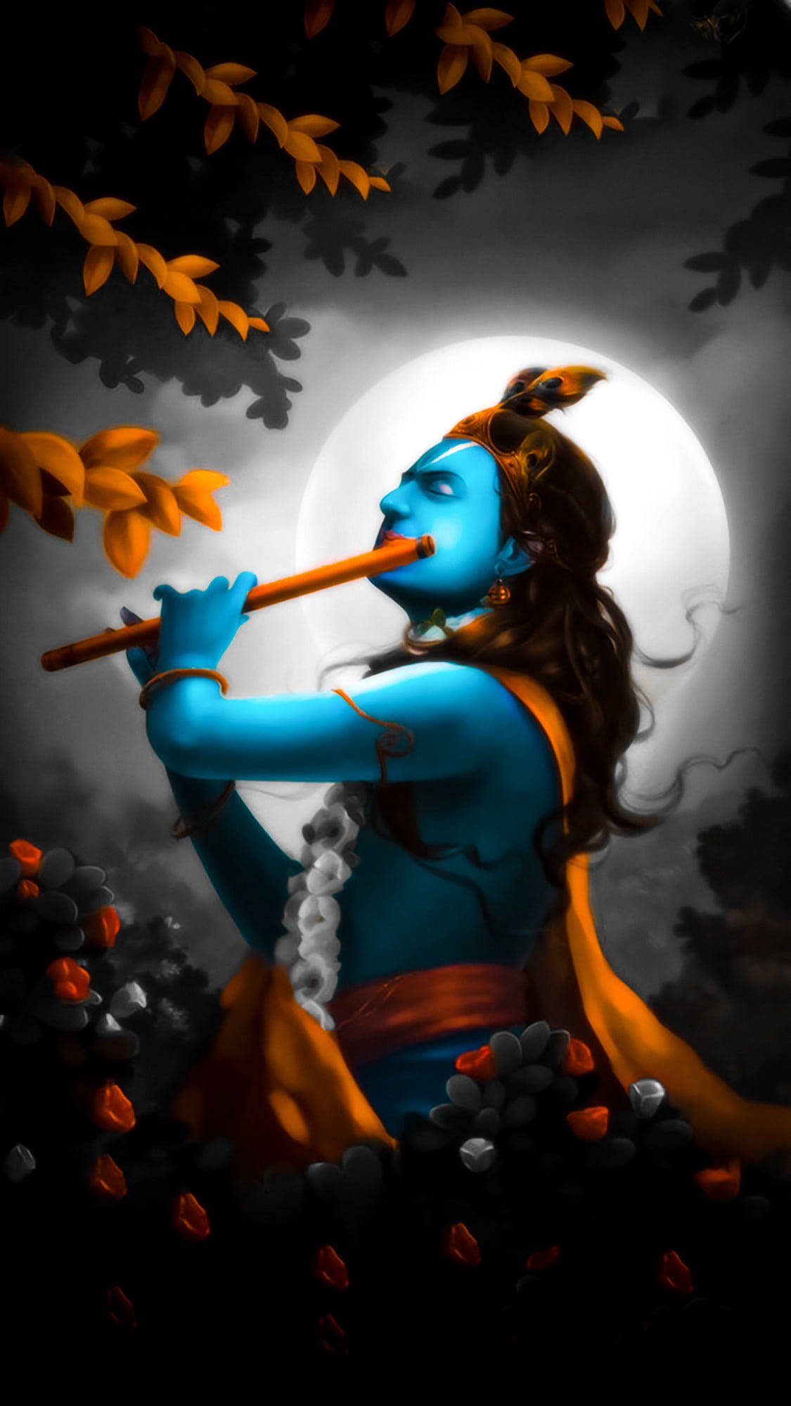 Krishna Ji, flute, full moon, Full HD Phone Wallpaper