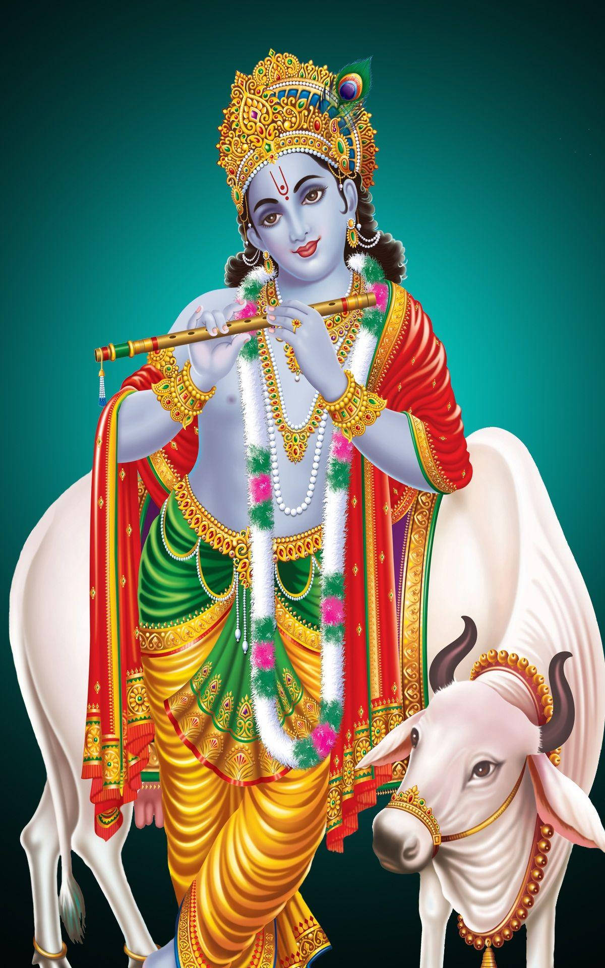 Krishna Ji, white cow, ornate golden attire, Full HD Phone Wallpaper