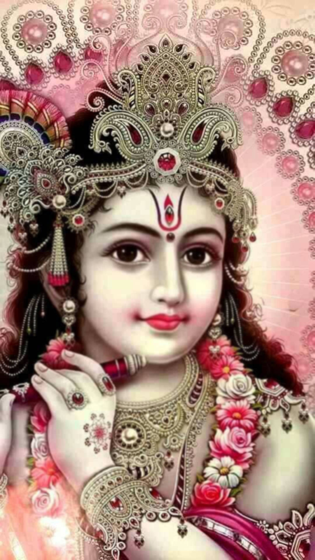 Krishna, golden jewelry, floral garlands, Full HD Phone Wallpaper