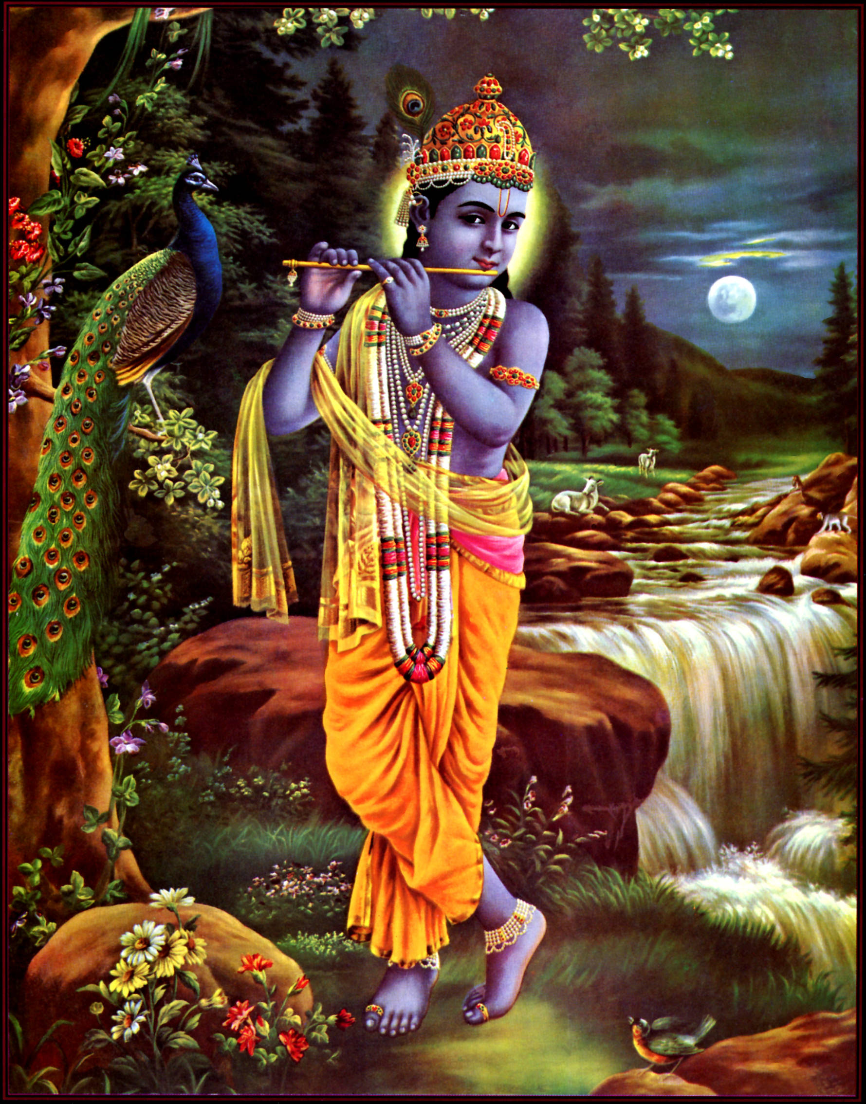 Krishna Phone, flute, waterfall, Full HD Phone Wallpaper