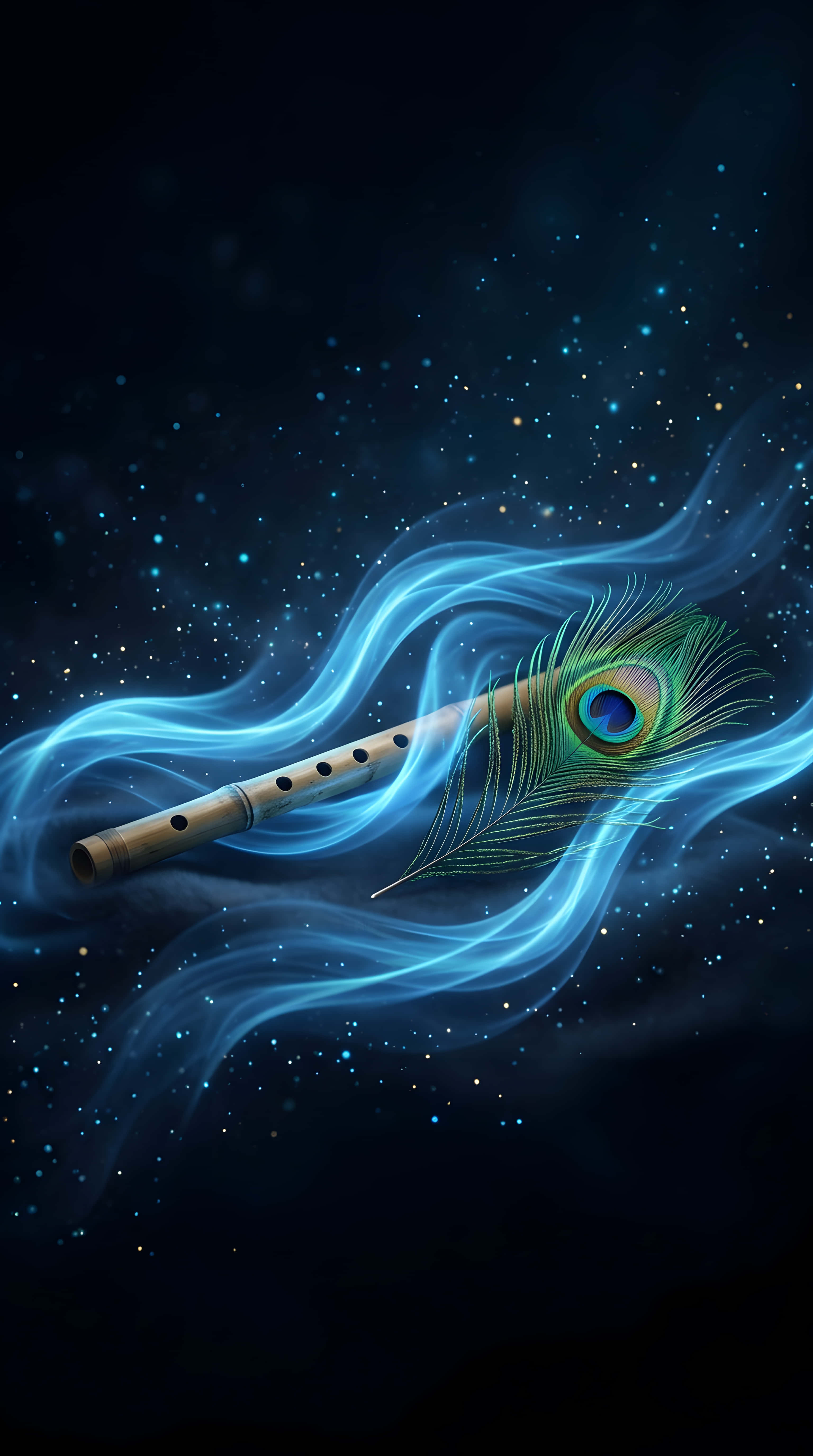 divine bansuri, peacock feather, mystical blue background, 5K Phone Wallpaper