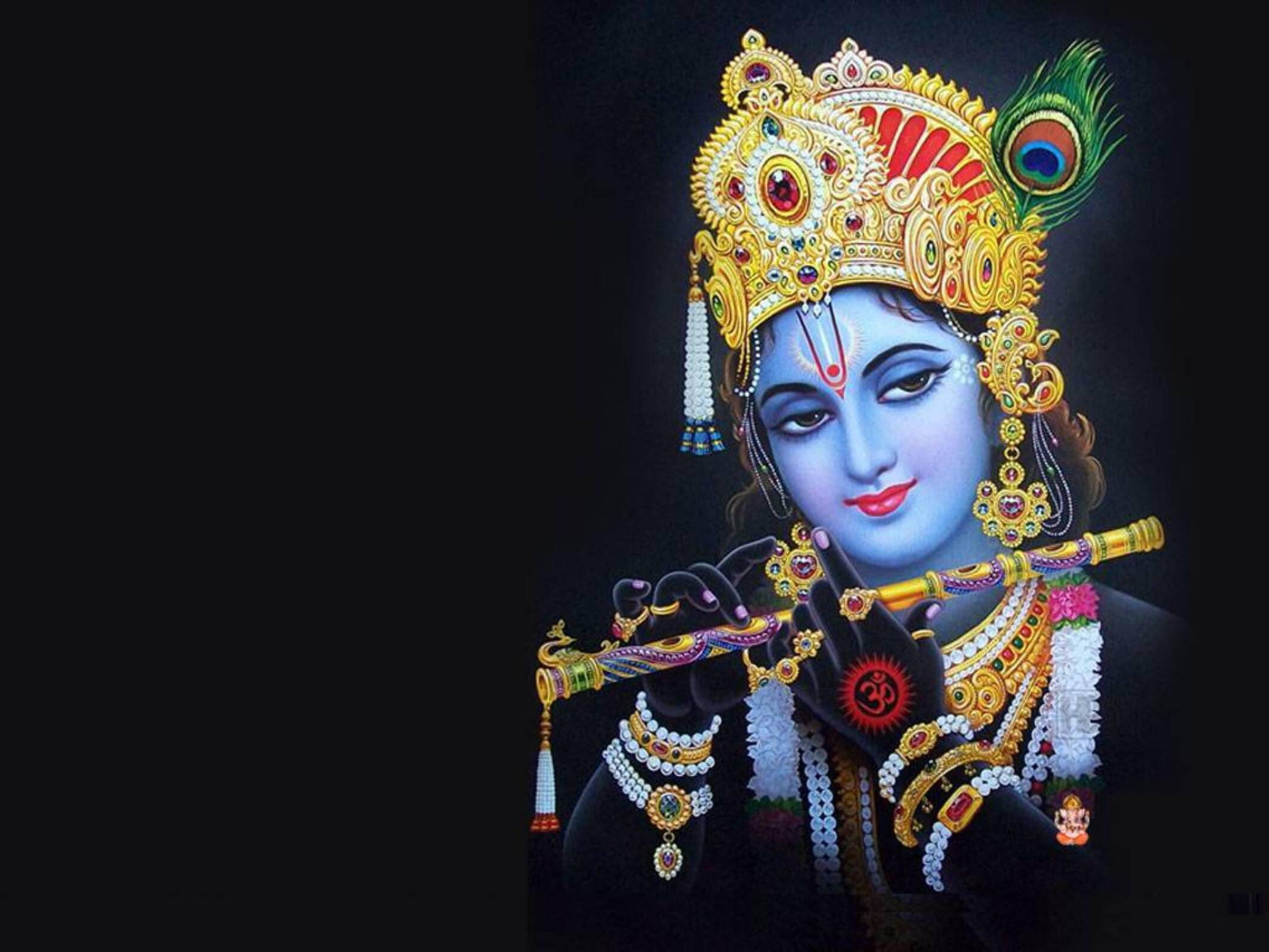 Krishna, flute, golden jewelry, Full HD Desktop Wallpaper