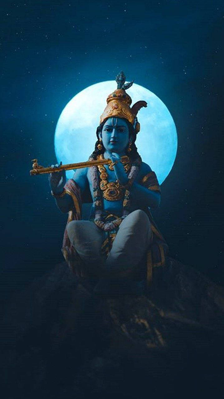 Krishna, blue moon, glowing full moon, HD Phone Wallpaper