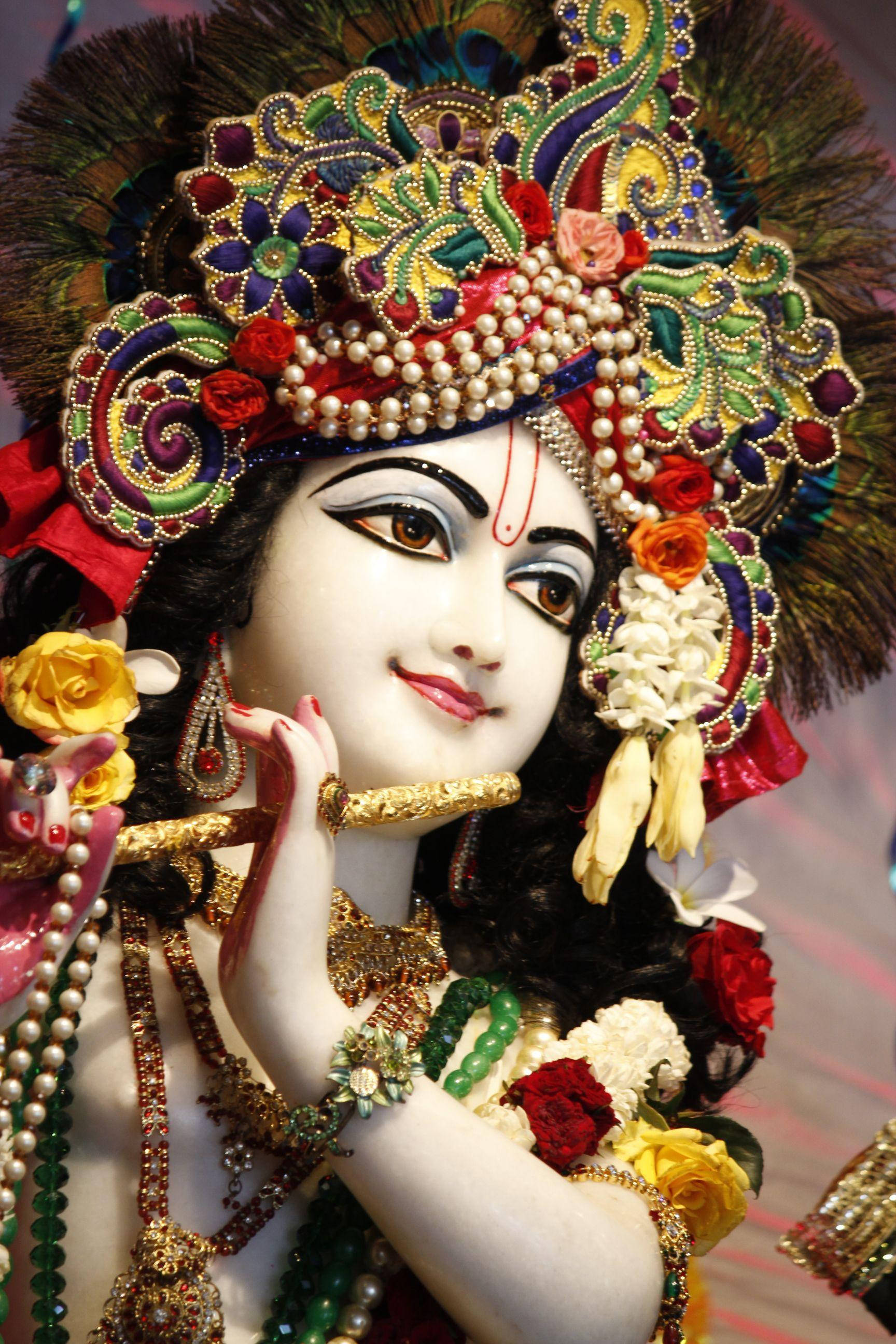Krishna, white statue, peacock feather crown, 2K Phone Wallpaper