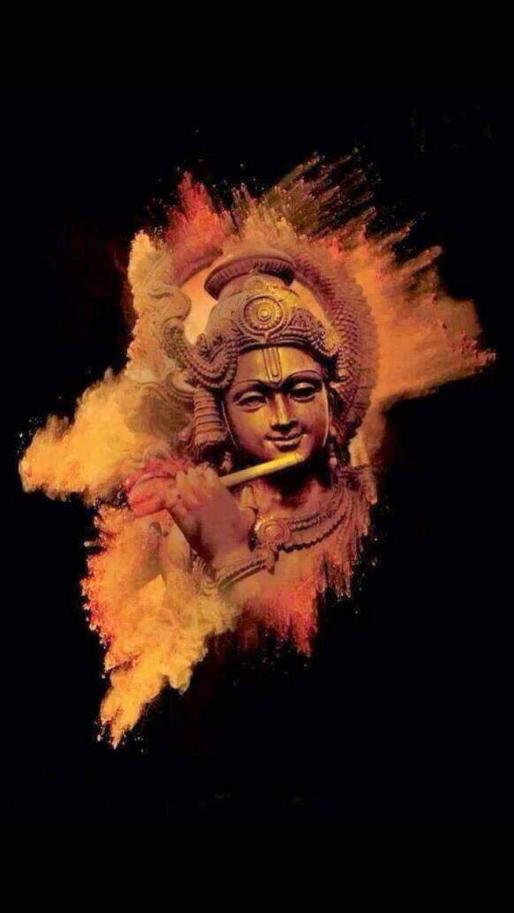 Krishna, orange dust, flute, HD Phone Wallpaper