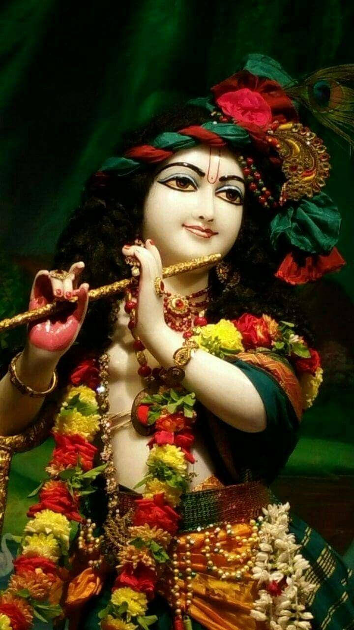 Krishna, flute, red yellow and green floral garlands, HD Phone Wallpaper
