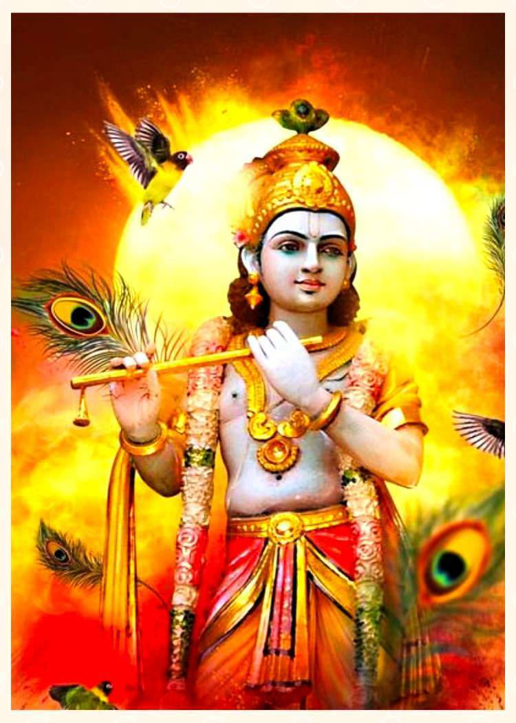 Krishna, orange sky, golden jewelry, SD Phone Wallpaper