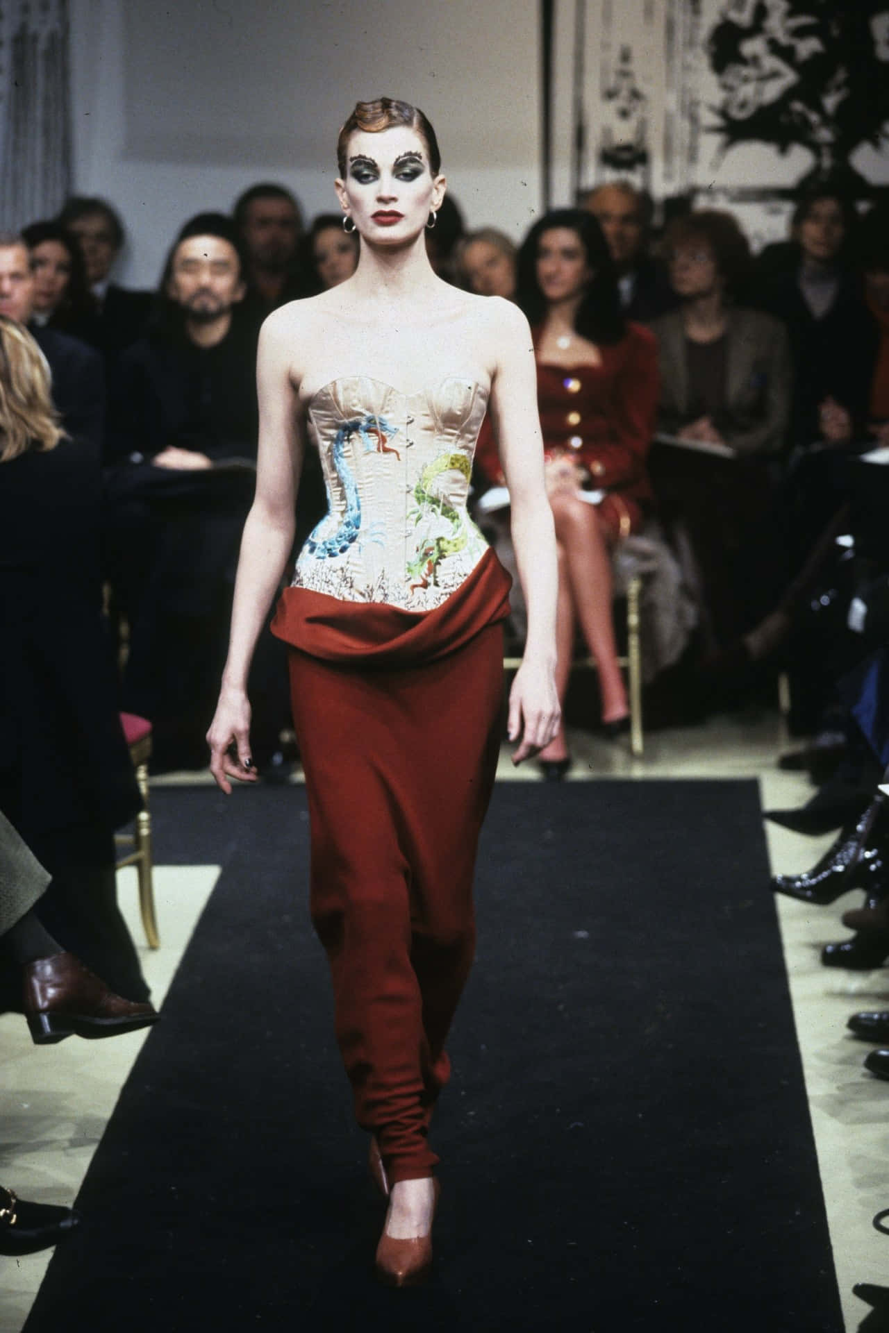 Kristen McMenamy, peacock embroidery, rust-colored pants, Full HD Phone Wallpaper