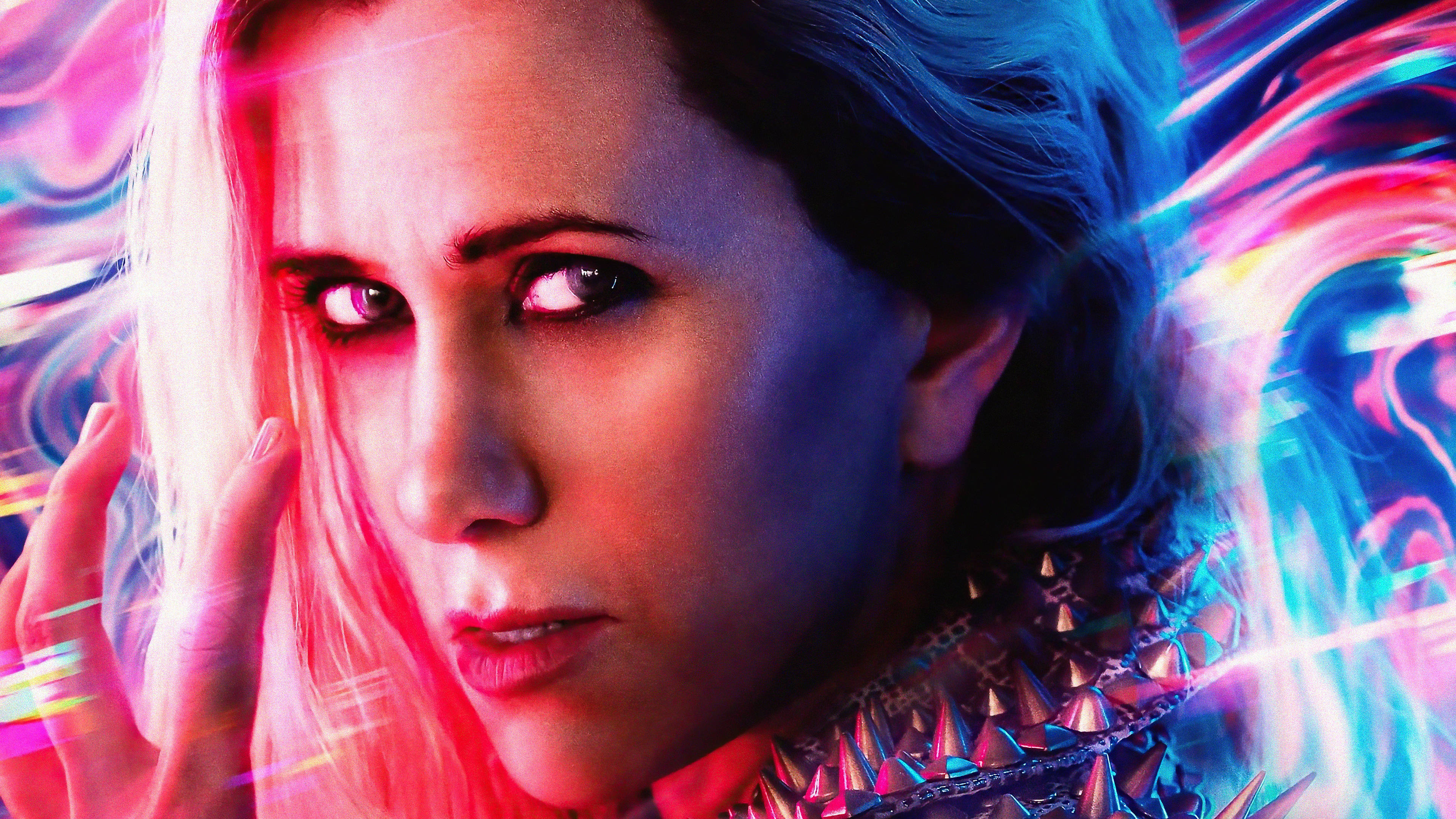 Kristen Wiig, neon light streaks, cyberpunk style, 4K Desktop Wallpaper