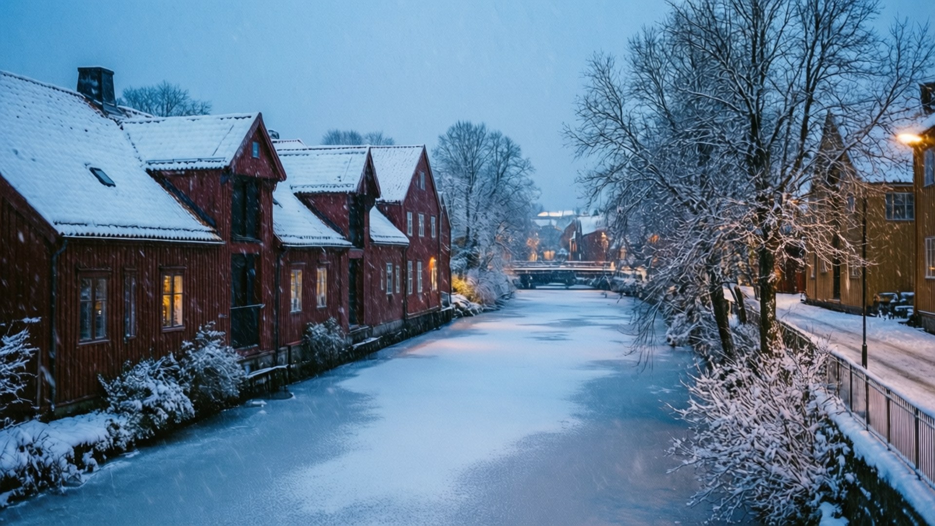 Kristiansand, Snowy City Night, cozy winter night, Full HD Desktop Wallpaper