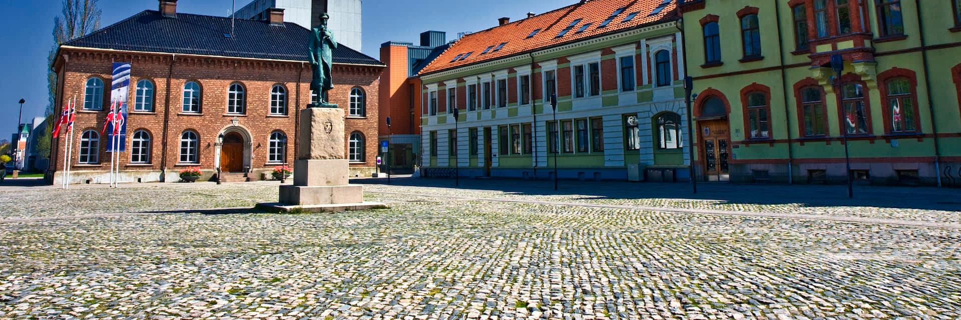 Kristiansand, cobblestone square, colorful historic buildings, Full HD Desktop Wallpaper